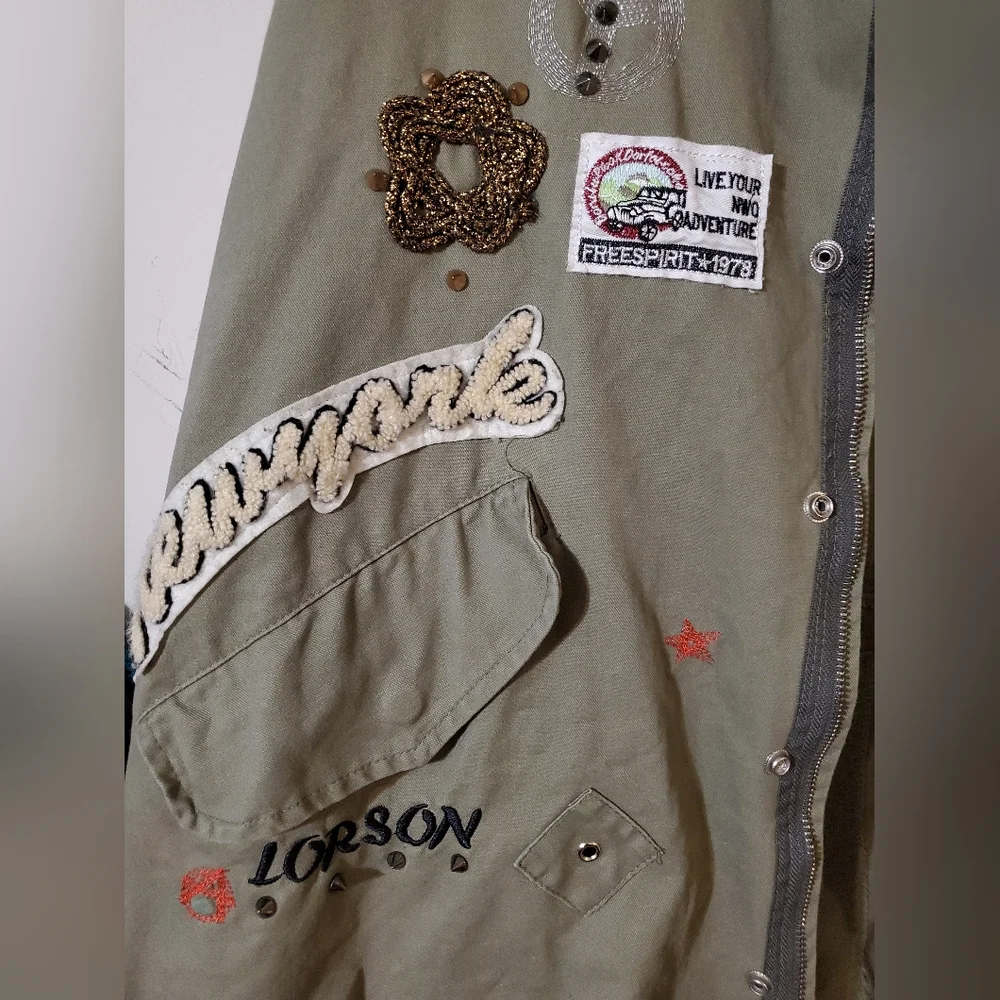 Military Punk Spike Army Style Olive Green Jacket Patches Y2k - Picture 3 of 7